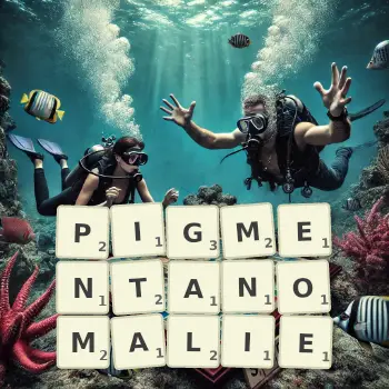 Kreative Illustration für ein Scrabble-Spiel, bei dem das Wort PIGMENTANOMALIE mit Steinen auf dem Brett gelegt wurde.