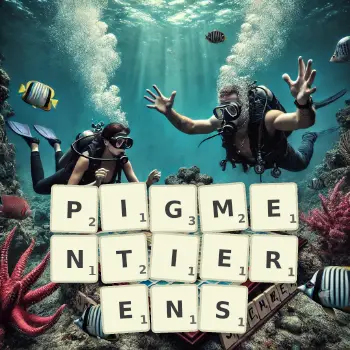 Kreative Illustration für ein Scrabble-Spiel, bei dem das Wort PIGMENTIERENS mit Steinen auf dem Brett gelegt wurde.