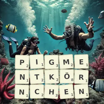 Kreative Illustration für ein Scrabble-Spiel, bei dem das Wort PIGMENTKÖRNCHEN mit Steinen auf dem Brett gelegt wurde.