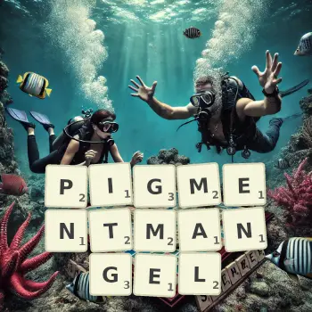 Kreative Illustration für ein Scrabble-Spiel, bei dem das Wort PIGMENTMANGEL mit Steinen auf dem Brett gelegt wurde.