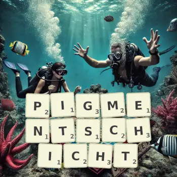 Kreative Illustration für ein Scrabble-Spiel, bei dem das Wort PIGMENTSCHICHT mit Steinen auf dem Brett gelegt wurde.