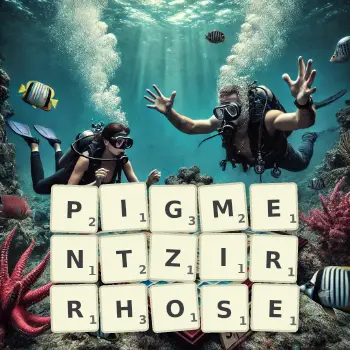 Kreative Illustration für ein Scrabble-Spiel, bei dem das Wort PIGMENTZIRRHOSE mit Steinen auf dem Brett gelegt wurde.