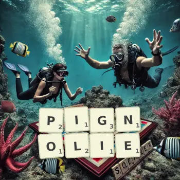 Kreative Illustration für ein Scrabble-Spiel, bei dem das Wort PIGNOLIE mit Steinen auf dem Brett gelegt wurde.