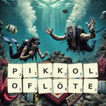 Kreative Illustration für ein Scrabble-Spiel, bei dem das Wort PIKKOLOFLÖTE mit Steinen auf dem Brett gelegt wurde.