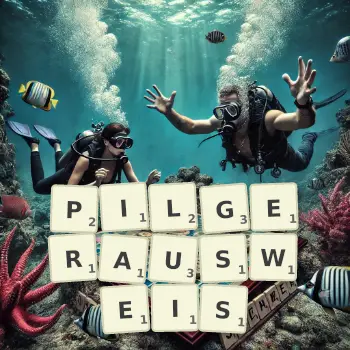 Kreative Illustration für ein Scrabble-Spiel, bei dem das Wort PILGERAUSWEIS mit Steinen auf dem Brett gelegt wurde.