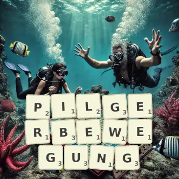 Kreative Illustration für ein Scrabble-Spiel, bei dem das Wort PILGERBEWEGUNG mit Steinen auf dem Brett gelegt wurde.