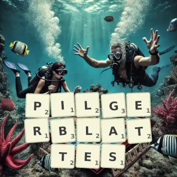 Kreative Illustration für ein Scrabble-Spiel, bei dem das Wort PILGERBLATTES mit Steinen auf dem Brett gelegt wurde.