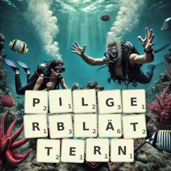 Kreative Illustration für ein Scrabble-Spiel, bei dem das Wort PILGERBLÄTTERN mit Steinen auf dem Brett gelegt wurde.