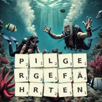Kreative Illustration für ein Scrabble-Spiel, bei dem das Wort PILGERGEFÄHRTEN mit Steinen auf dem Brett gelegt wurde.