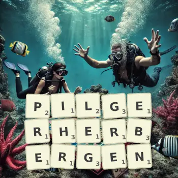 Kreative Illustration für ein Scrabble-Spiel, bei dem das Wort PILGERHERBERGEN mit Steinen auf dem Brett gelegt wurde.