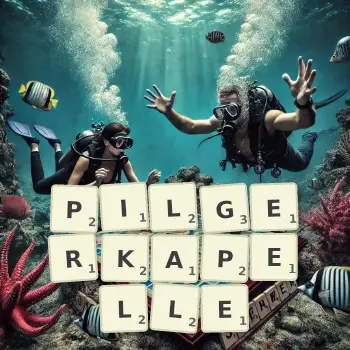 Kreative Illustration für ein Scrabble-Spiel, bei dem das Wort PILGERKAPELLE mit Steinen auf dem Brett gelegt wurde.