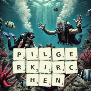 Kreative Illustration für ein Scrabble-Spiel, bei dem das Wort PILGERKIRCHEN mit Steinen auf dem Brett gelegt wurde.