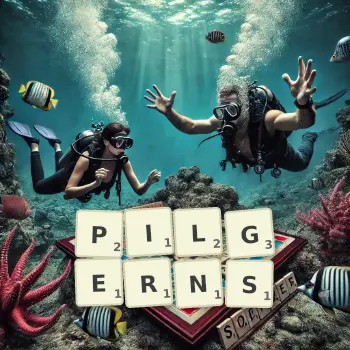 Kreative Illustration für ein Scrabble-Spiel, bei dem das Wort PILGERNS mit Steinen auf dem Brett gelegt wurde.