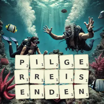 Kreative Illustration für ein Scrabble-Spiel, bei dem das Wort PILGERREISENDEN mit Steinen auf dem Brett gelegt wurde.