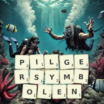 Kreative Illustration für ein Scrabble-Spiel, bei dem das Wort PILGERSYMBOLEN mit Steinen auf dem Brett gelegt wurde.