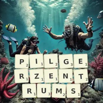 Kreative Illustration für ein Scrabble-Spiel, bei dem das Wort PILGERZENTRUMS mit Steinen auf dem Brett gelegt wurde.