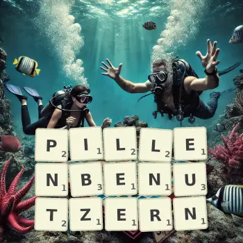 Kreative Illustration für ein Scrabble-Spiel, bei dem das Wort PILLENBENUTZERN mit Steinen auf dem Brett gelegt wurde.