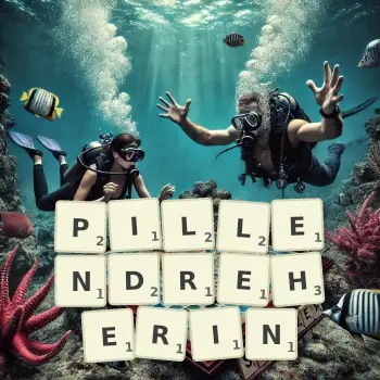 Kreative Illustration für ein Scrabble-Spiel, bei dem das Wort PILLENDREHERIN mit Steinen auf dem Brett gelegt wurde.