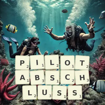 Kreative Illustration für ein Scrabble-Spiel, bei dem das Wort PILOTABSCHLUSS mit Steinen auf dem Brett gelegt wurde.