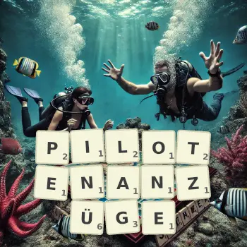 Kreative Illustration für ein Scrabble-Spiel, bei dem das Wort PILOTENANZÜGE mit Steinen auf dem Brett gelegt wurde.