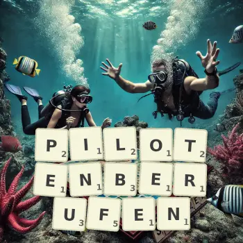 Kreative Illustration für ein Scrabble-Spiel, bei dem das Wort PILOTENBERUFEN mit Steinen auf dem Brett gelegt wurde.