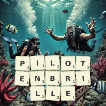 Kreative Illustration für ein Scrabble-Spiel, bei dem das Wort PILOTENBRILLE mit Steinen auf dem Brett gelegt wurde.