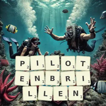 Kreative Illustration für ein Scrabble-Spiel, bei dem das Wort PILOTENBRILLEN mit Steinen auf dem Brett gelegt wurde.