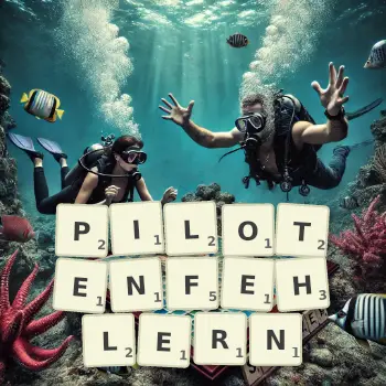 Kreative Illustration für ein Scrabble-Spiel, bei dem das Wort PILOTENFEHLERN mit Steinen auf dem Brett gelegt wurde.