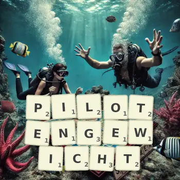 Kreative Illustration für ein Scrabble-Spiel, bei dem das Wort PILOTENGEWICHT mit Steinen auf dem Brett gelegt wurde.