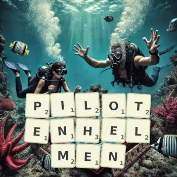 Kreative Illustration für ein Scrabble-Spiel, bei dem das Wort PILOTENHELMEN mit Steinen auf dem Brett gelegt wurde.