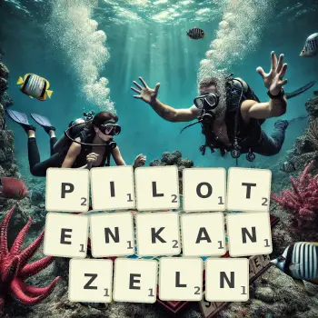 Kreative Illustration für ein Scrabble-Spiel, bei dem das Wort PILOTENKANZELN mit Steinen auf dem Brett gelegt wurde.