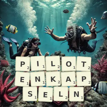 Kreative Illustration für ein Scrabble-Spiel, bei dem das Wort PILOTENKAPSELN mit Steinen auf dem Brett gelegt wurde.