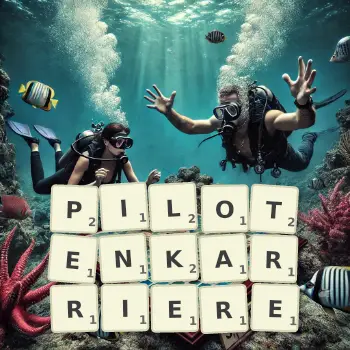 Kreative Illustration für ein Scrabble-Spiel, bei dem das Wort PILOTENKARRIERE mit Steinen auf dem Brett gelegt wurde.