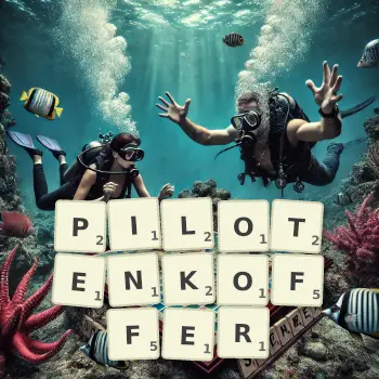 Kreative Illustration für ein Scrabble-Spiel, bei dem das Wort PILOTENKOFFER mit Steinen auf dem Brett gelegt wurde.
