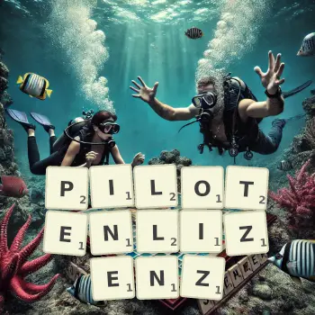 Kreative Illustration für ein Scrabble-Spiel, bei dem das Wort PILOTENLIZENZ mit Steinen auf dem Brett gelegt wurde.
