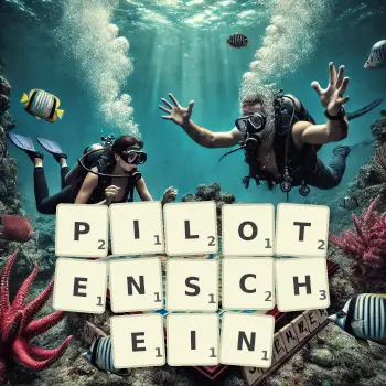Kreative Illustration für ein Scrabble-Spiel, bei dem das Wort PILOTENSCHEIN mit Steinen auf dem Brett gelegt wurde.