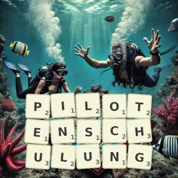 Kreative Illustration für ein Scrabble-Spiel, bei dem das Wort PILOTENSCHULUNG mit Steinen auf dem Brett gelegt wurde.