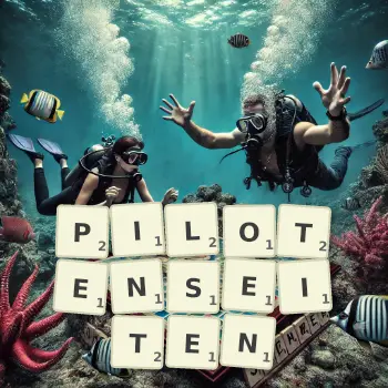 Kreative Illustration für ein Scrabble-Spiel, bei dem das Wort PILOTENSEITEN mit Steinen auf dem Brett gelegt wurde.