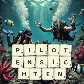 Kreative Illustration für ein Scrabble-Spiel, bei dem das Wort PILOTENSICHTEN mit Steinen auf dem Brett gelegt wurde.