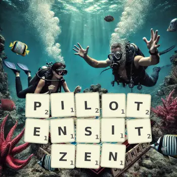 Kreative Illustration für ein Scrabble-Spiel, bei dem das Wort PILOTENSITZEN mit Steinen auf dem Brett gelegt wurde.