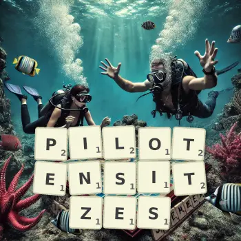 Kreative Illustration für ein Scrabble-Spiel, bei dem das Wort PILOTENSITZES mit Steinen auf dem Brett gelegt wurde.