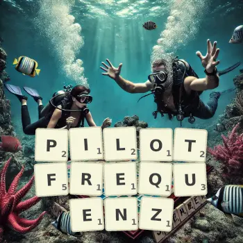 Kreative Illustration für ein Scrabble-Spiel, bei dem das Wort PILOTFREQUENZ mit Steinen auf dem Brett gelegt wurde.