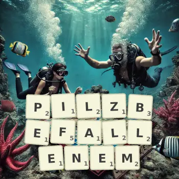 Kreative Illustration für ein Scrabble-Spiel, bei dem das Wort PILZBEFALLENEM mit Steinen auf dem Brett gelegt wurde.