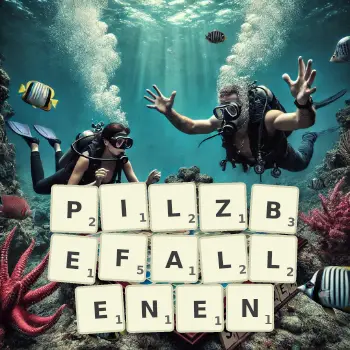 Kreative Illustration für ein Scrabble-Spiel, bei dem das Wort PILZBEFALLENEN mit Steinen auf dem Brett gelegt wurde.