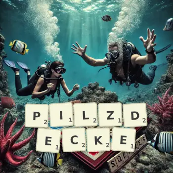 Kreative Illustration für ein Scrabble-Spiel, bei dem das Wort PILZDECKE mit Steinen auf dem Brett gelegt wurde.