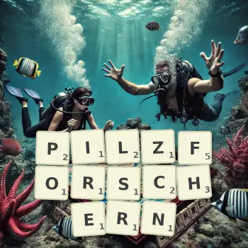 Kreative Illustration für ein Scrabble-Spiel, bei dem das Wort PILZFORSCHERN mit Steinen auf dem Brett gelegt wurde.