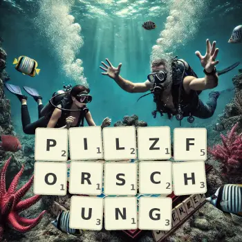 Kreative Illustration für ein Scrabble-Spiel, bei dem das Wort PILZFORSCHUNG mit Steinen auf dem Brett gelegt wurde.