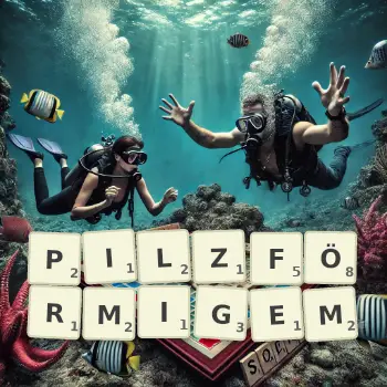 Kreative Illustration für ein Scrabble-Spiel, bei dem das Wort PILZFÖRMIGEM mit Steinen auf dem Brett gelegt wurde.