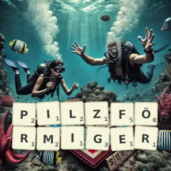 Kreative Illustration für ein Scrabble-Spiel, bei dem das Wort PILZFÖRMIGER mit Steinen auf dem Brett gelegt wurde.