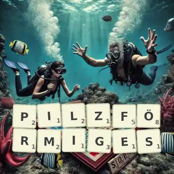 Kreative Illustration für ein Scrabble-Spiel, bei dem das Wort PILZFÖRMIGES mit Steinen auf dem Brett gelegt wurde.